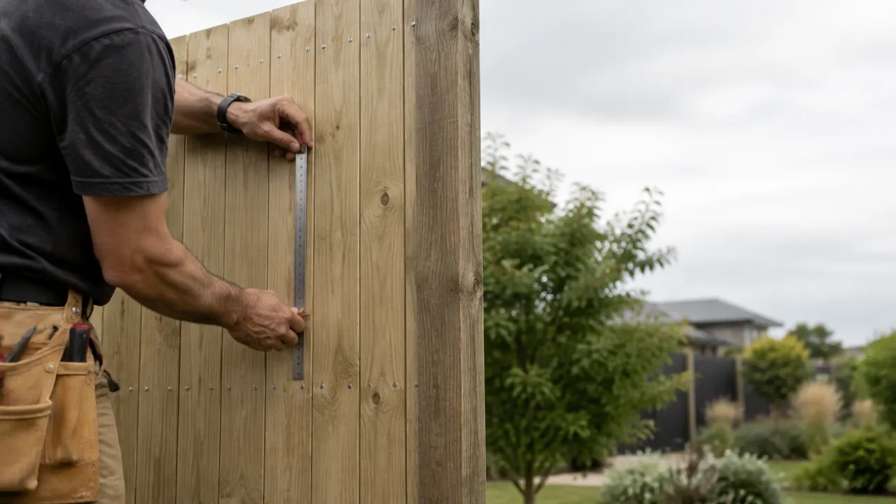 Craftsperson measuring timber palings during a fence build