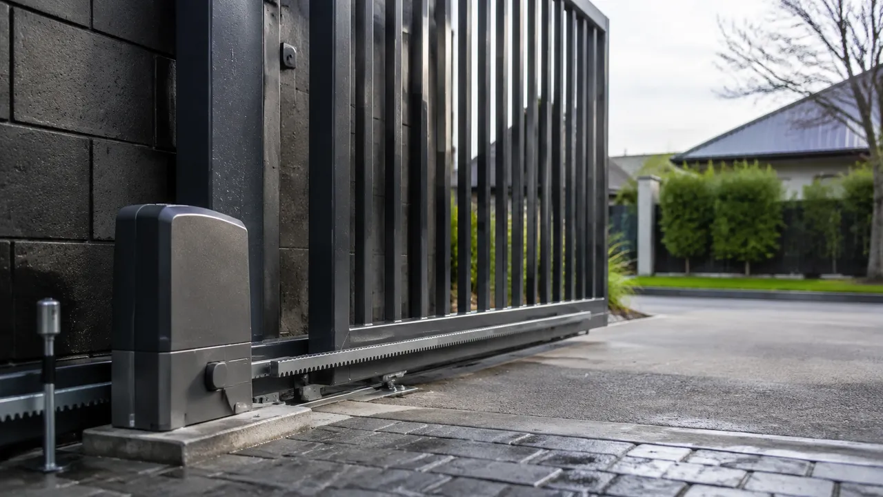 Driveway gate motor, track and sensor in a residential installation