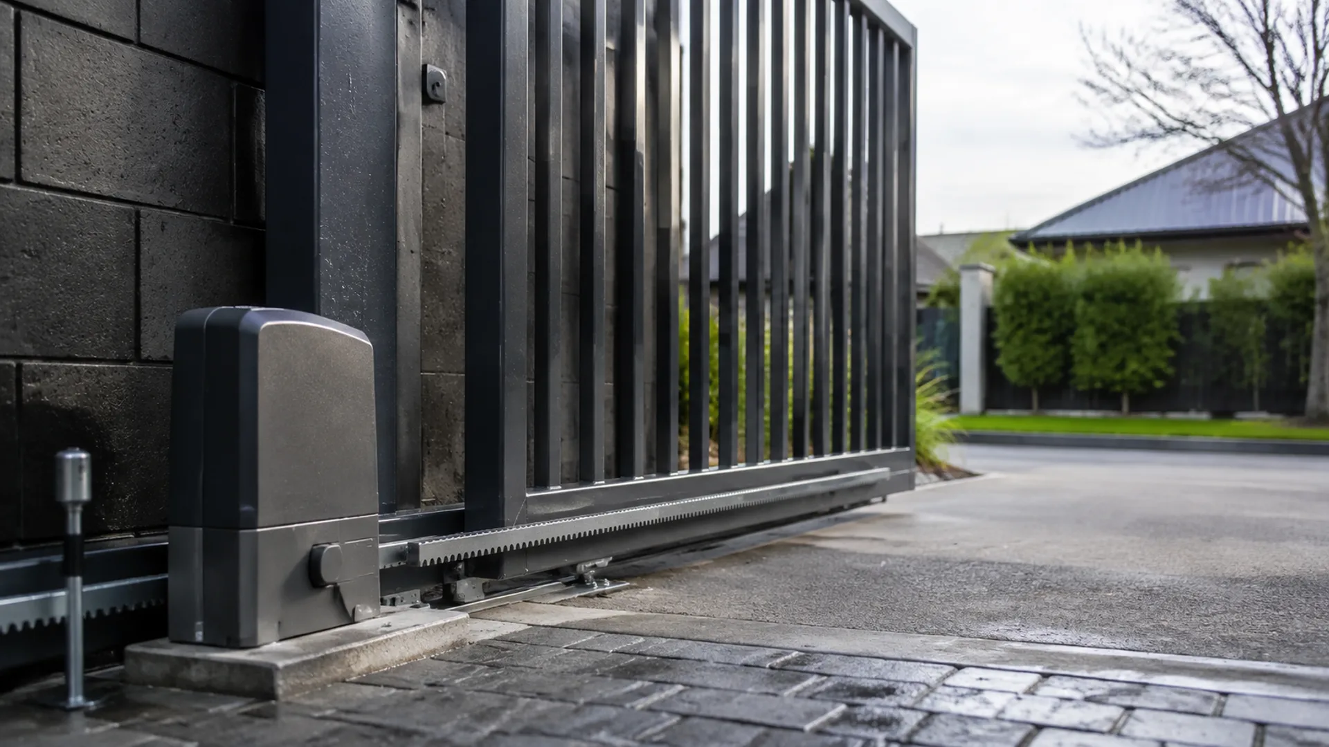 Driveway gate motor, track and sensor in a residential installation