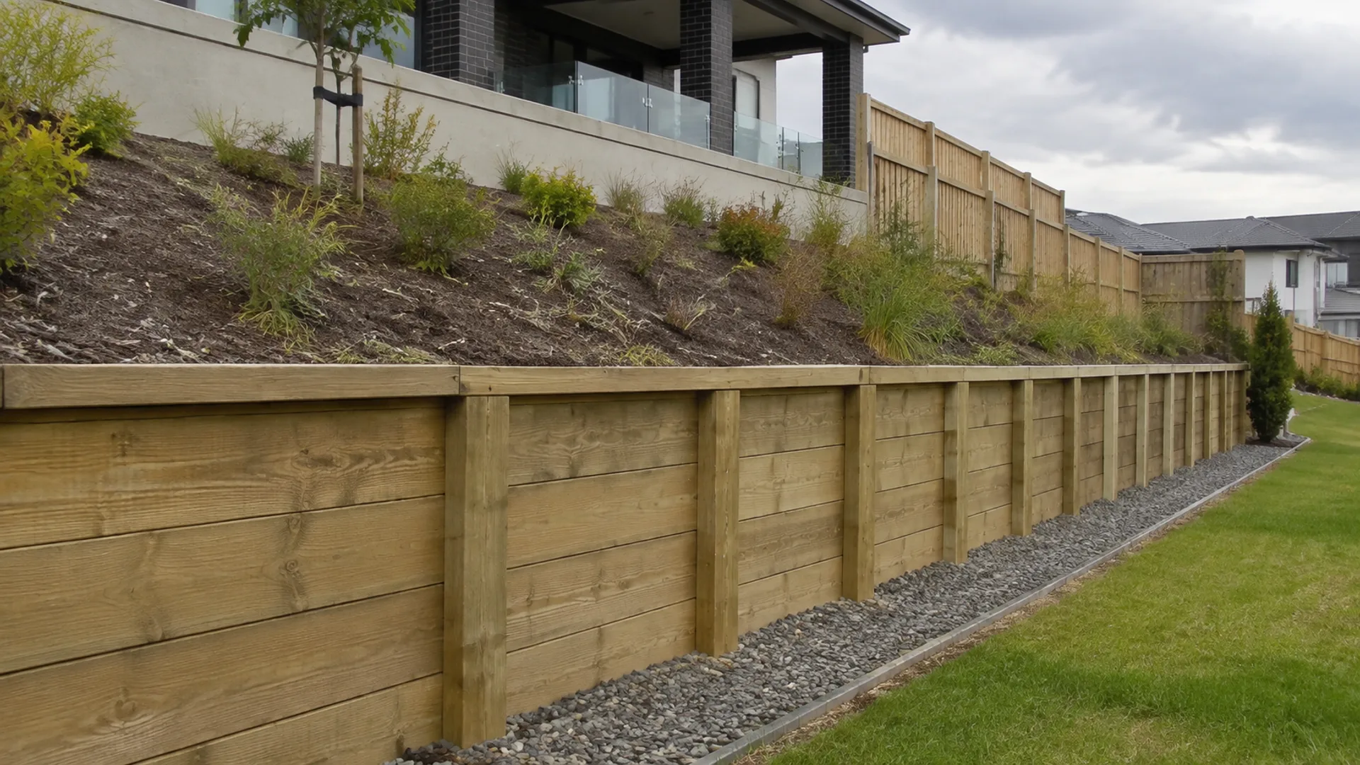 Timber retaining wall on a landscaped sloping Christchurch section