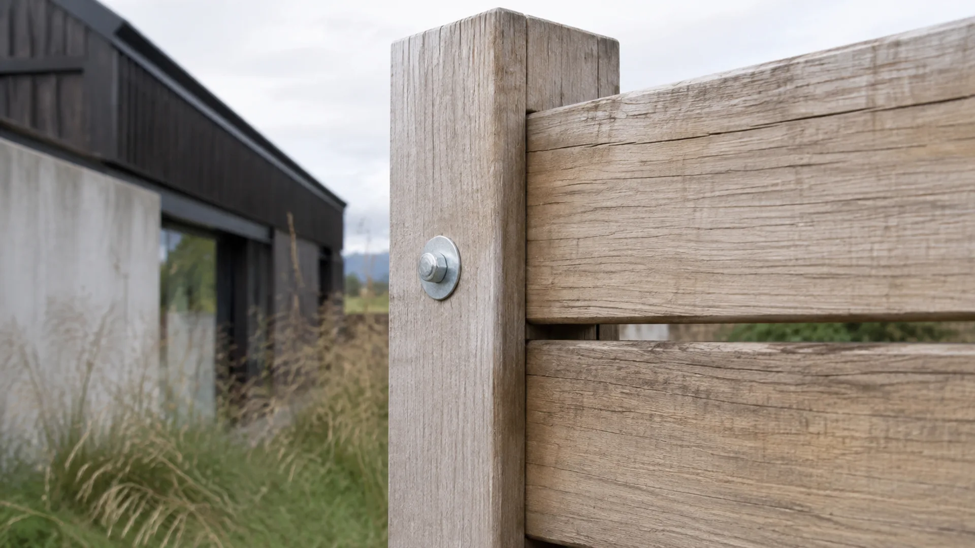 Close detail of natural timber fence joinery