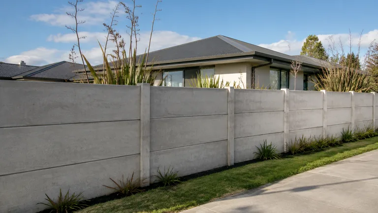 Illustrative concrete panel boundary fence beside a contemporary Canterbury home