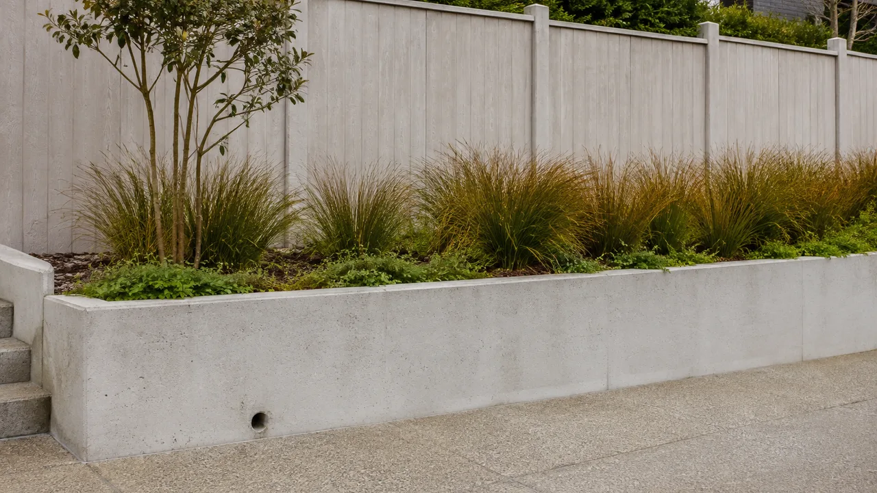 Residential concrete retaining wall along a landscaped Christchurch section